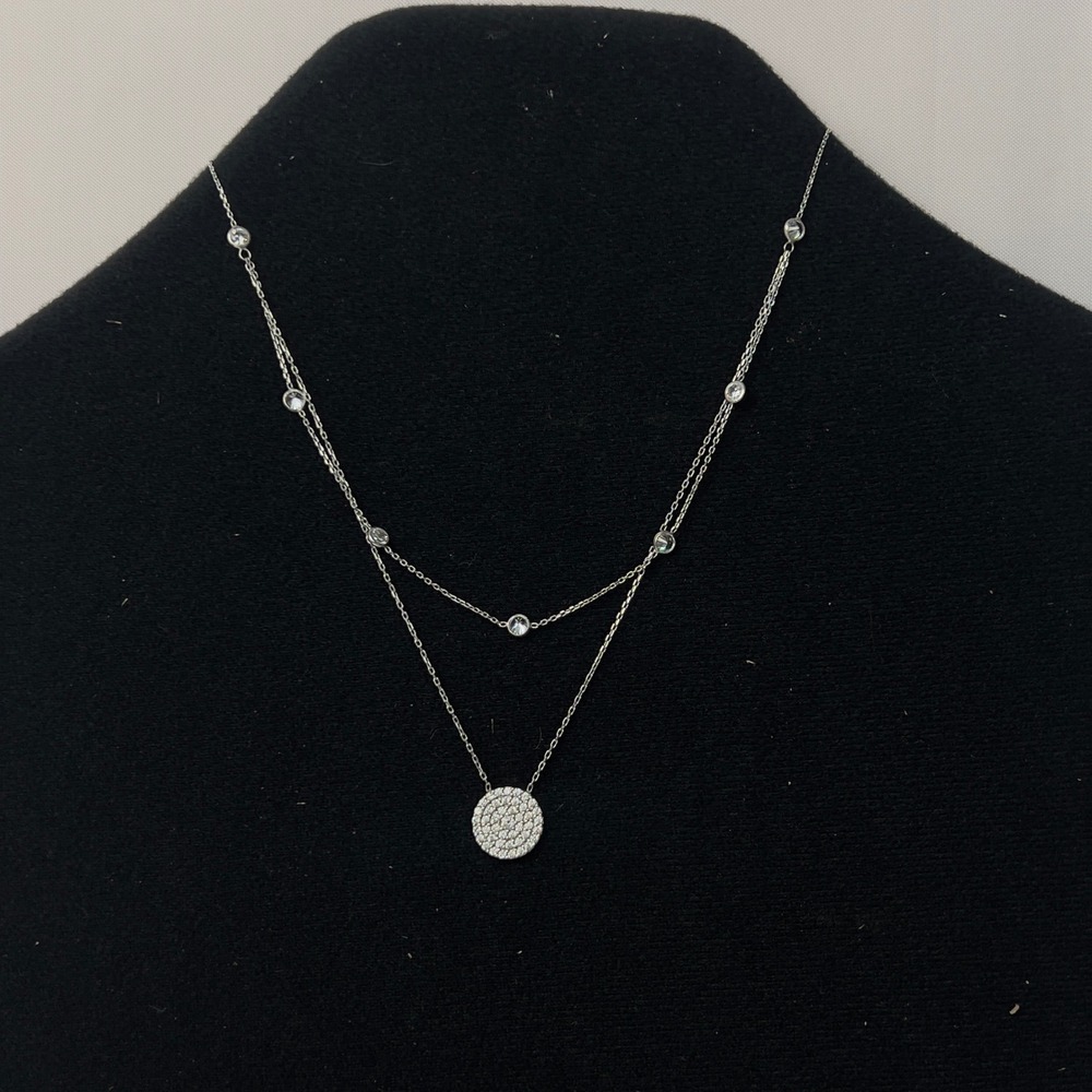 The Real Effect London CZ Pavé Necklace 800 Silver Rhodium Plated Double Layered